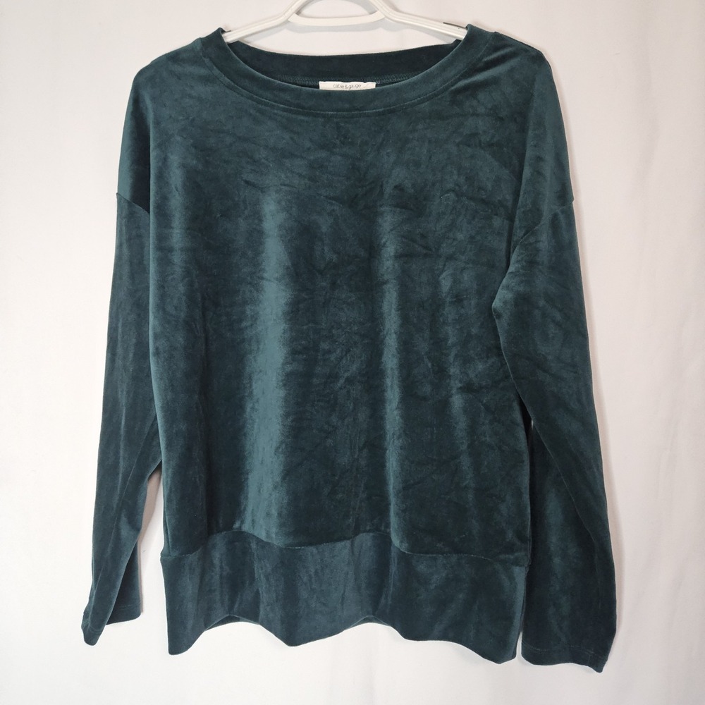 Velour Top Womens XS Green Excellent Banded Hem Cable & Gauge Studio Cozy